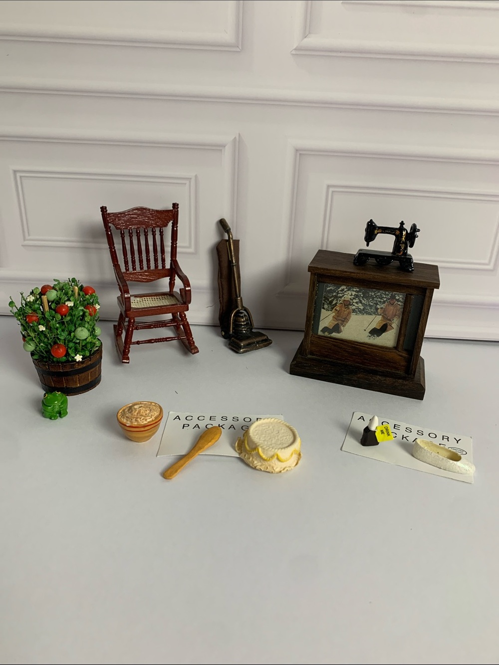 Miniature Dollhouse Accessories mixed set bundle. Brown Vintage miniature decor.